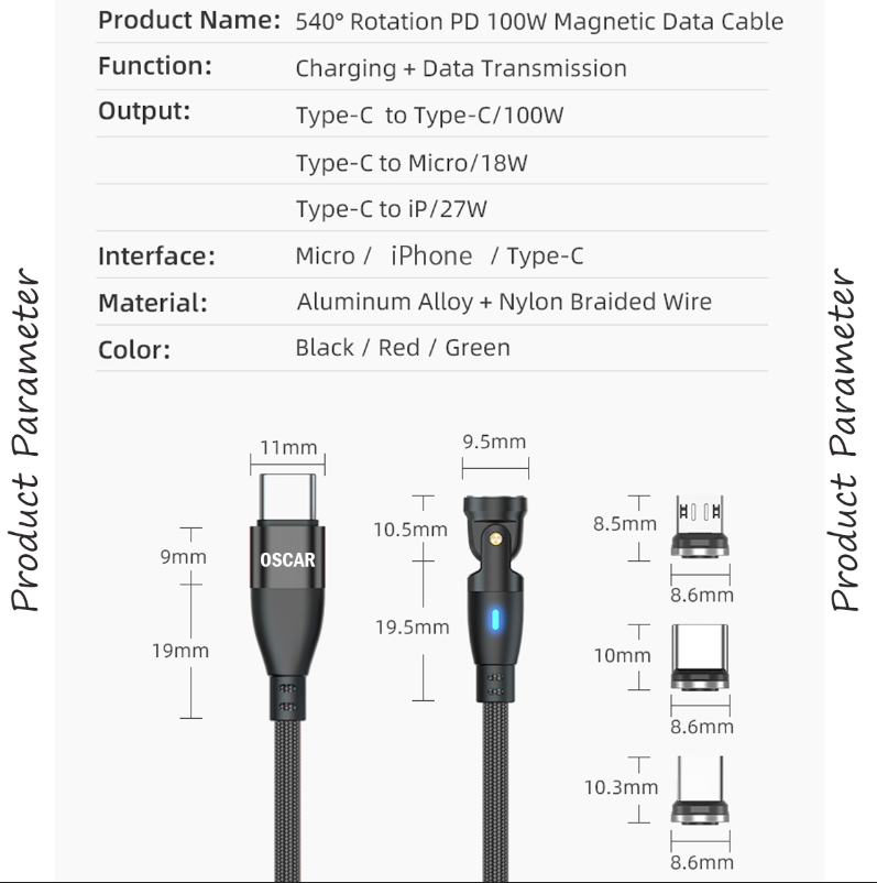 PD 100W USB Type-C Magnetic Charging Premium Cable 1m Black [Online Exclusive]