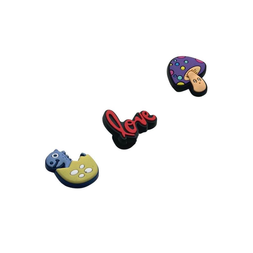 Blue baby dinosaur in egg&Red love&Purple mushroom-Charms for shoe decoration and phone case:3 pieces pack #15