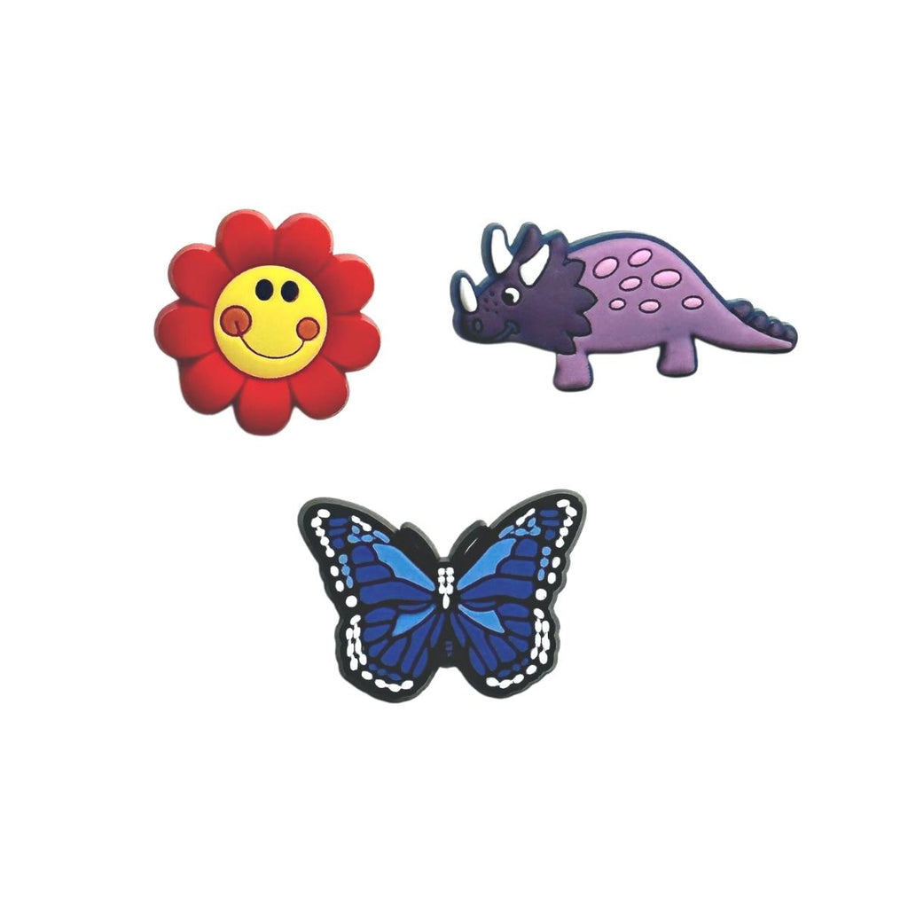 Red flower face&Purple dinosaur(Triceratops)&Blue butterfly-Charms for shoe decoration and phone case:3 pieces pack #25